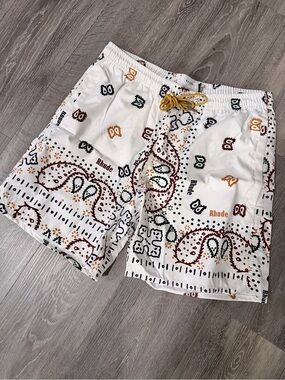 Rhude White Bandana Print Swim Shorts with Gold Drawstring